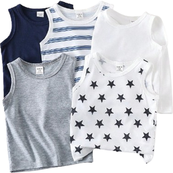 Shein Baby Boys Basic Striped Solid & Star Pattern Round Neck Sleeveless Tops - Summer
