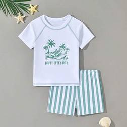 Shein Young Boy Coconut Tree Printed Raglan Sleeve Top Striped Two-Piece Swimwear Set