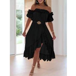 Shein Solid Color Off Shoulder Ruffle Asymmetrical Dress