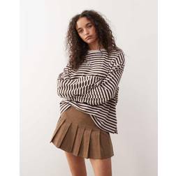 Monki Oversized Long Sleeve T-Shirt Side Slits - Pink/Chocolate Brown