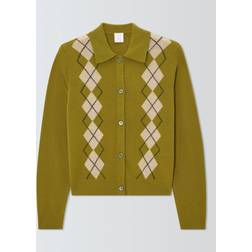 John Lewis Merino Wool Argyle Knit Collar Cardigan - Olive