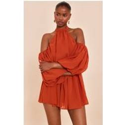 PrettyLittleThing Ruffle Off Shoulder Playsuit - Orange