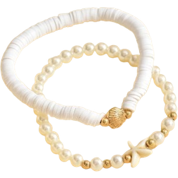 Shein 2pcs/Set Bohemian Style Faux Pearl Soft Clay Shell & Starfish Ladies Beaded Bracelet, Minimalist Design For Beach Vacation, Suitable For Daily Outfit And Holiday Traveling