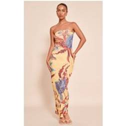 PrettyLittleThing Floral Abstract Printed Onion Skin Bandeau Dress - Yellow