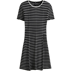 H&M Rib-Knit Dress with Flared Skirt - Black/Striped