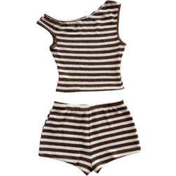 Soleia 2pcs/Set Women's Red & White Striped Knit Crop Top And Super Low-Waist Bodycon Shorts Set, Vacation, Party, Christmas, Valentine's Day, Date, Beach, Cruise, Carnival, Easter, Chinese New Year
