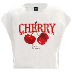 Shein Slaydiva Casual Simple Red Cherry Pattern Letter Print Loose Cropped Round Neck Short Sleeve T-Shirt For Women,Slightly Sheer Suitable For Summer
