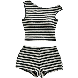 Shein Soleia 2pcs Women Holiday Outfit - Red & White Stripe Knit Asymmetrical Neck Crop Top And Ultra Low-Rise Bodycon Shorts Set, Suitable For Party, Christmas, Valentine's Day, Date, Beach, Cruise, Carnival, Easter, Chinese New Year,Summer Sets