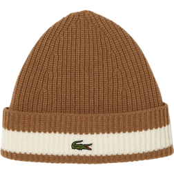 Lacoste Rib Knit Carded Wool Beanie - Brown/White