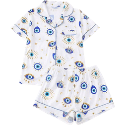 Shein 2pcs Spring Eye Print Party Women Pajama Set, Short Sleeve Collared Cardigan Top And Elastic Waist Shorts, Casual All Season Women Sleepwear & Loungewear Outfit