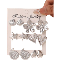 Shein 6 Pairs Fashion Silver Shell, Seashell, Starfish, 5-Petal Flower, Heart, Water Drop Shaped Earrings, Suitable For Women's Daily Wear