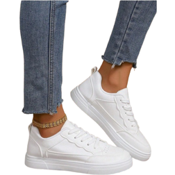 Shein Plus Size Women Sports Shoes, White Versatile Student Shoes, Flat Fashion Sneakers, New White Lace-Up Casual Flat Non-Slip Trainers