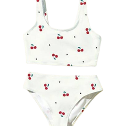 Shein Mini Heart Cherry Print Tween Camisole Swimsuit Set - Suitable