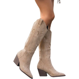 Shein Women's Suede Vintage Embroidery Texture Slip-On Fashion Western Boots, Autumn/Winter Chunky Heel Pointed Toe Over-The-Knee Western Boots