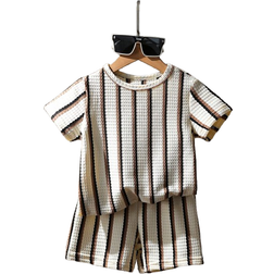Shein Young Boy Summer Waffle Striped Short Sleeve T-shirt and Shorts Set - Multicolor