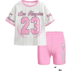 Shein Young Girls Sweet Bow Striped Letter Print Graphic Tee & Shorts Set - Bright Pink