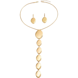 Shein 2pcs Gold Metallic Geometric Asymmetrical Ellipse Pendant Necklace & Earrings Set, Exaggerated Extra Long Chain Necklace, Personalized Fashion Jewelry Set, Snake Bone Chain Y-Necklace, For Party, Formal Dress Accessories