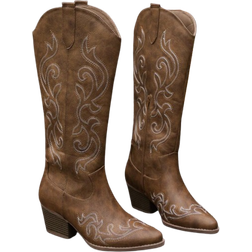 Shein Women's Fashion Solid Color Versatile Electric Embroidered Leather Side Zipper Wedge High Boots