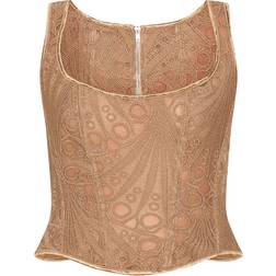 PrettyLittleThing Textured Sheer Floral Square Neck Corset - Brown