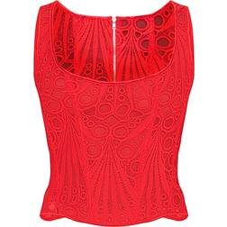 PrettyLittleThing Textured Sheer Floral Square Neck Corset - Tomato Red