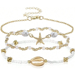 Shein 3pcs/Set Summer Beach Style Metal Starfish & Shell Beaded Glass Anklet Set For Women
