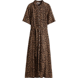 H&M Tie-Belt Shirt Dress - Dark Beige/Leopard Print