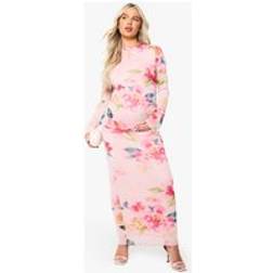 boohoo Womens Maternity Floral Mesh Lettuce Hem Dress Pink