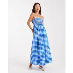 New Look Blårutig Smockad Bandeau Klänning Midilängd