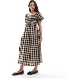 New Look Checked Puff Sleeve Seedsucker Midi Dress - Brown