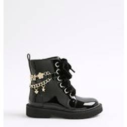 River Island Mini Girls Black Charm Chain Lace Up Boots