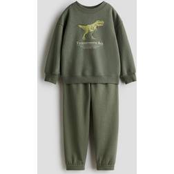 H&M Sweatshirt & Joggers Set 2-piece - Khaki Green/Tyrannosaurus Rex (1296447005)