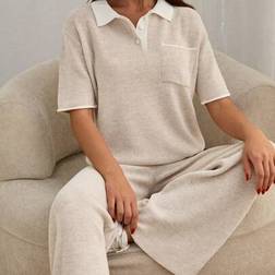 Shein Polo Neck Button Front Cozy Sweater Pant 2pcs Set - Co-Ords