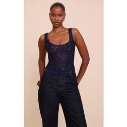 PrettyLittleThing Textured Sheer Floral Square Neck Corset - Navy