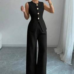 Shein Solid Color Single-Breasted Metal Button Neck Vest Trousers - Casual