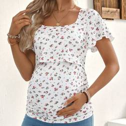 Shein Maternity Ditsy Floral Nursing Ruffle Short T-Shirt