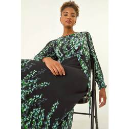 Roman Floral Border Belted Midi Dress - Blue