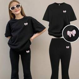 Shein Tween Girls Casual Minimalist Short Sleeve Top Pants Set - For Summer