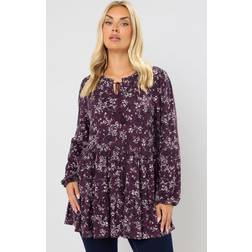 Yours Floral Tie Neck Tiered Blouse - Purple