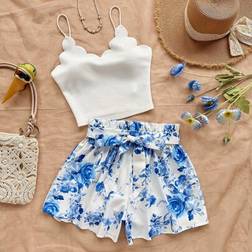 Shein Solid Arc Hem Elegant Fashion Camisole Top Floral Print Shorts Set - Blu
