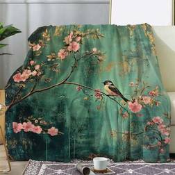 Shein Vintage Floral Cherry Blossom Bird Print Flannel Blanket Blankets Multicolour