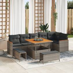 vidaXL 9 Piece Garden Sofa Grey Poly Rattan Acacia Outdoor Lounge Set