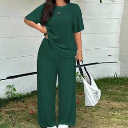 Shein Plus Size Women Letter Print Drop Shoulder Set