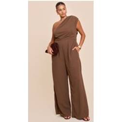 PrettyLittleThing Chiffon One Shoulder Ruched Jumpsuit - Mushroom