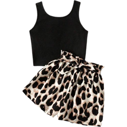 Shein Tween Girl Black Tank Top With Leopard Print And Paper Bag Shorts 2-Piece Set