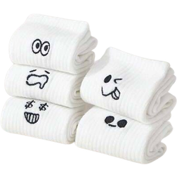 Shein 5-pack White Couple Cartoon Expression Design Simple & Breathable Children's Mid-Calf Socks