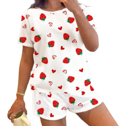 Shein Cute Strawberry & Heart Print Tween Girls' Casual Minimalist Round Neck Short Sleeve Top & Shorts Pajama Set - Multicolor