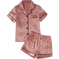Shein Tween Girls Satin Heart Pattern Short Sleeve Top & Shorts Pajama Set - Loungewear