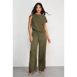 Warehouse Womens Satin Chiffon Mix One Shoulder Drape Jumpsuit - Green