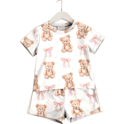 Shein Baby Girl Bow & Bear Graphic Casual Slim Fit Round Neck Comfortable Short Sleeve Shorts Pajama Set - Snug Fit