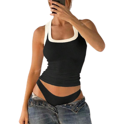 Shein Mystra Summer Simple Retro Solid Color Ribbed Knit Sexy Casual U Neck Crisscross Back Tank Top - Black/White